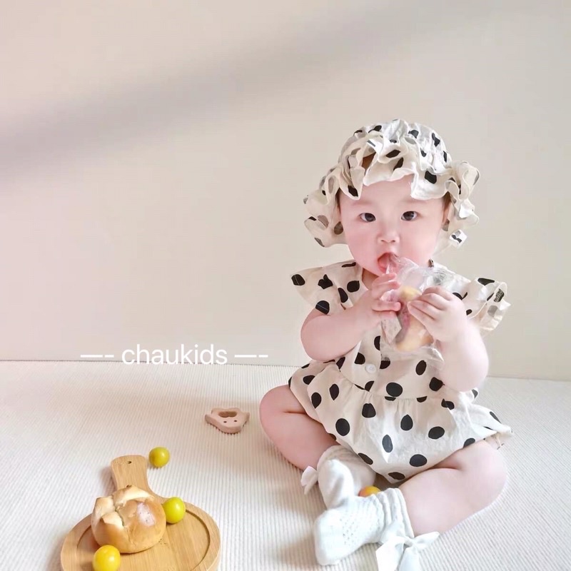 Set body chip chấm bi kèm mũ bèo siêu xinh cho bé gái, chất đũi mềm thoáng mát