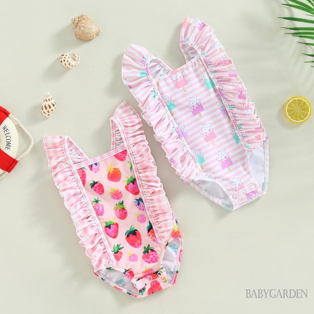 Bộ Đồ Bơi Một Mảnh Sát Nách Cổ Vuông In Họa Tiết Dâu Tây / Kem Dễ Thương Cho Bé Gái 3-24