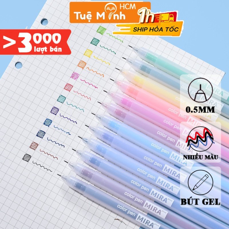 Bút gel Mira ngòi 0.5mm Full màu Vpp Tuệ Minh nét trơn mượt cho học sinh, văn phòng