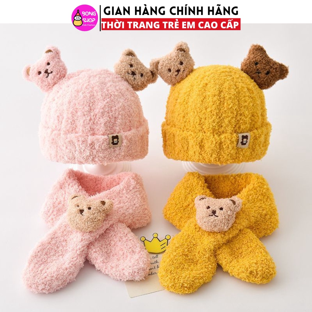 Set mũ và khăn quàng cổ len hình gấu dành cho bé trai bé gái 1 - 3T  mùa đông ấm áp