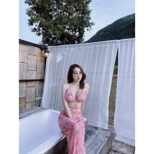 (33) BIKINI 3 MẢNH ÁO +QUẦN+ QUẦN DÀI HOẠ TIẾT BƯỚM HỒNG DỄ THƯƠNG