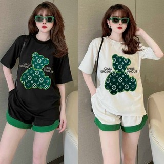 Bộ short thun cotton 💯 thêu gấu xanh