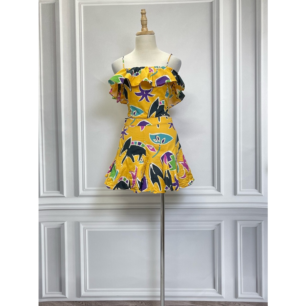 S1494 Set áo quần hoạ tiết ZARA hàng hiệu chính hãng thời trang nữ màu vàng size S secondhand thanh lý ký gửi
