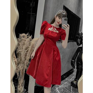 Đầm Nữ dự tiệc cổ thắt kiểu dáng xòe chất vải nhung thích hợp đi tiệc