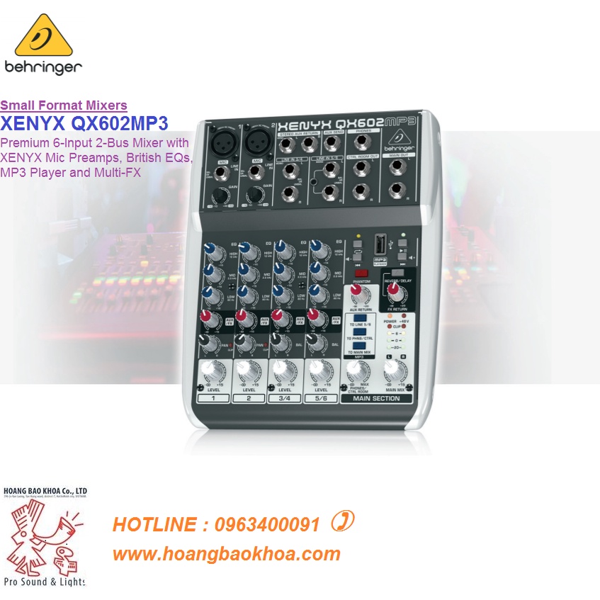 QX602MP3 Mixer Behringer Analog 6 in 2 Bus Tích Hợp Mic Preamp, EQ MP3,FX| Mixer cơ Behringer QX602M