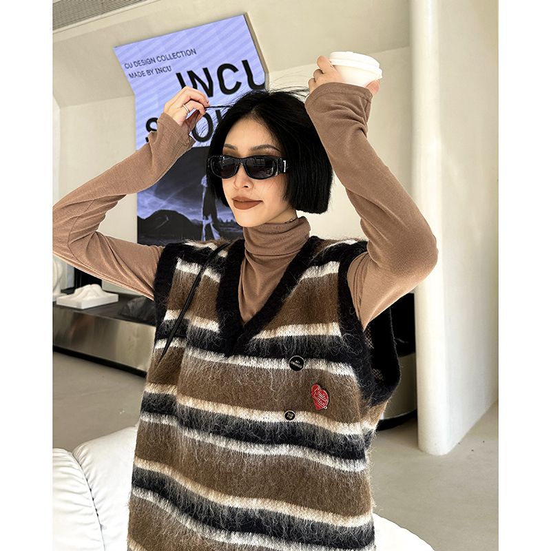 Áo Khoác Sát Nách Dáng Rộng Kẻ Sọc Màu Tương Phản Kiểu Vintage Hàn Quốc Cho Nữ