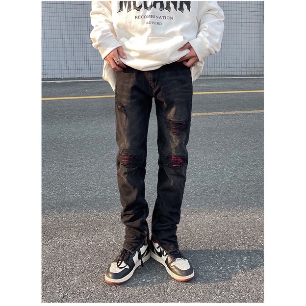 Quần Jean "BlackPink x FireOnFire" rách gối zipper skinny, miếng vá màu hồng.