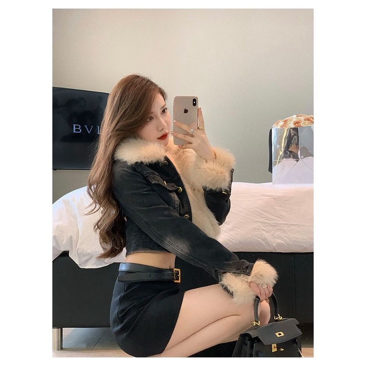 Áo Khoác Denim Ngắn Dáng Ôm Phối Lông Thời Trang Mùa Đông Hàn Quốc 2022