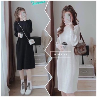 ĐẦM MIDI THUN GÂN DÁNG SUÔNG CỔ LỌ TAY DÀI
