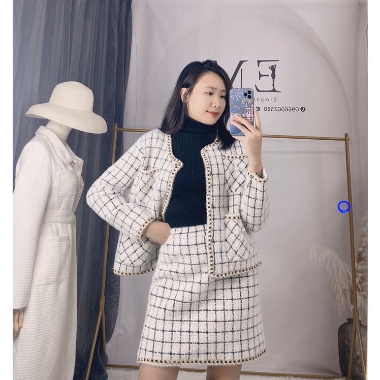 Set áo váy len lông thỏ ấm áp diện tết đi chơi