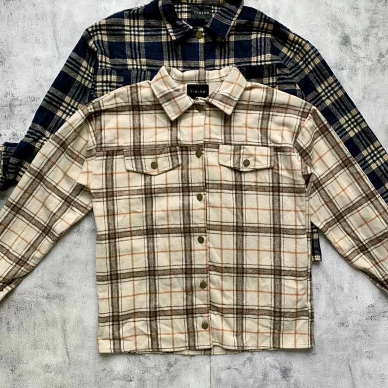 Áo sơ mi dạ flannel kẻ Timing xuất Âu dày dặn