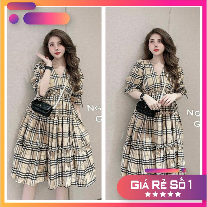 Váy Bầu Mùa Hè Caro Thiết Kế Tay Bèo Dáng Suông. Đầm Bầu Dạo Phố Đi Chơi Đẹp VBX34