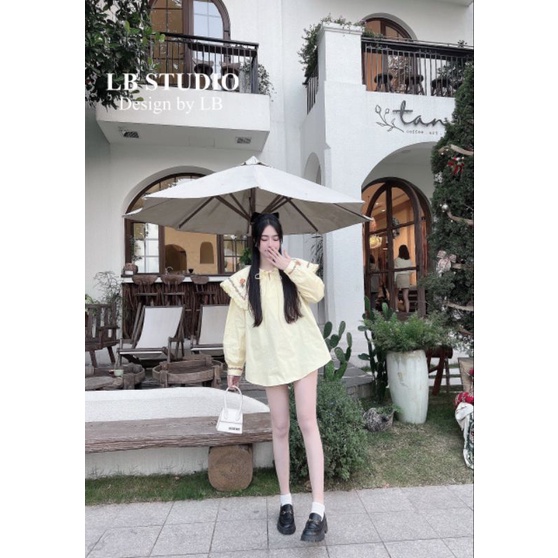 Áo sơ mi nhấn hoa thêu cam LB