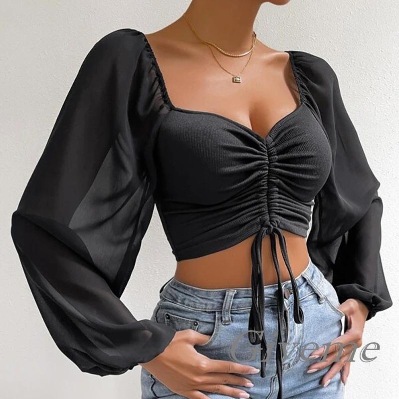 Áo Croptop Dây Rút Cổ V Dài Tay Thời Trang Nữ