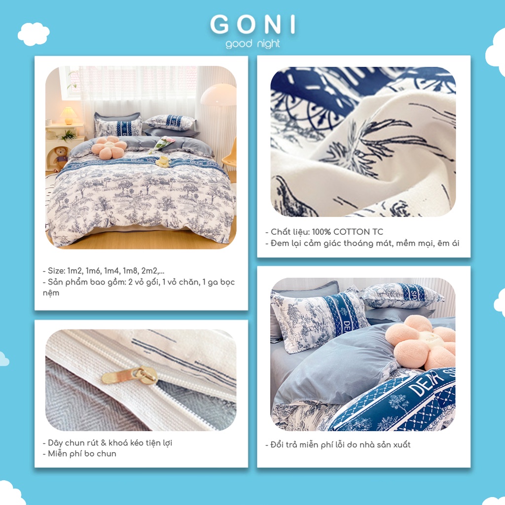 Bộ Chăn Ga Gối GONI Cotton Tici Hoạ Tiết Tranh Ký Hoạ Đủ Kích Thước Trải Nệm