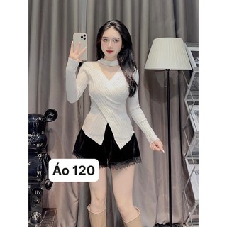 Áo thun tăm xẻ vạt choker cổ ảnh thật shop chụp - áo len mặc tết