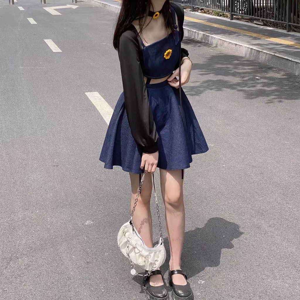 Bộ Áo Khoác Denim Chống Nắng + Váy Yếm Denim Kiểu Dáng Ngọt Ngào Thời Trang Mùa Hè Cho Nữ