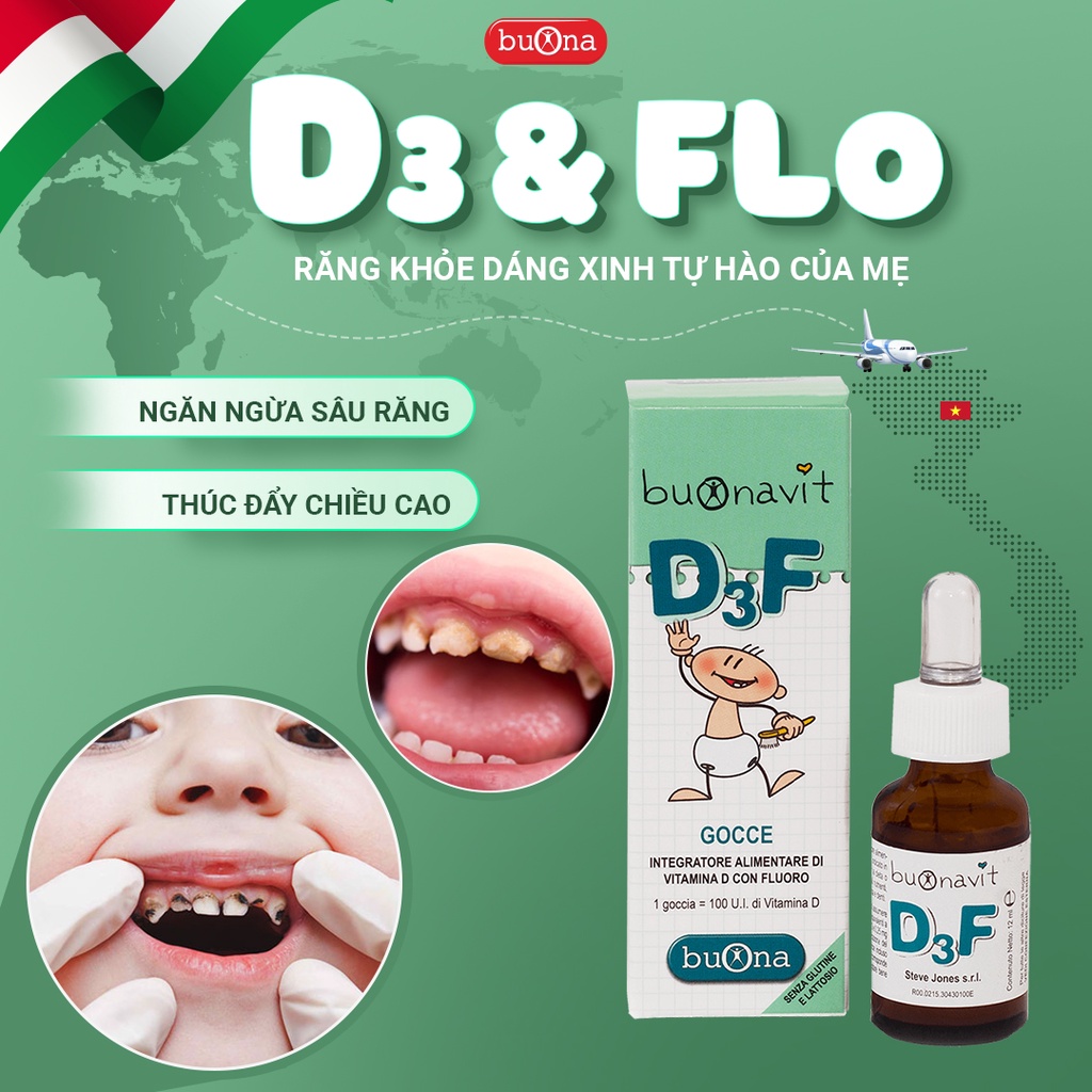 Buonavit D3F – Bổ Sung  Vitamin D3 Và Flor Dạng Nhỏ Giọt, Giúp Tăng Hấp Thu Canxi, Răng Đẹp Dáng Cao - Lọ 12ml