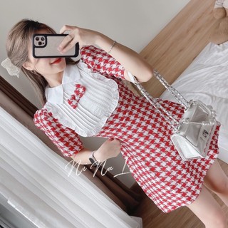 ĐẦM DẠ MÓC CÂU ĐỎ XẾP BÈO NGỰC NƠ ĐỎ
