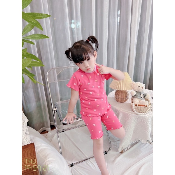 Bộ Áo Cộc Tay Viền Nhún Cotton Mềm Hoạ Tiết Bông Hoa Cho Bé Gái - 5 màu