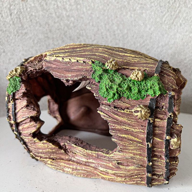 Đồ trang trí hồ cá hình chiếc thùng gỗ vỡ, hang trú ẩn thùng gỗ vỡ bằng nhựa resin trang trí bể cá