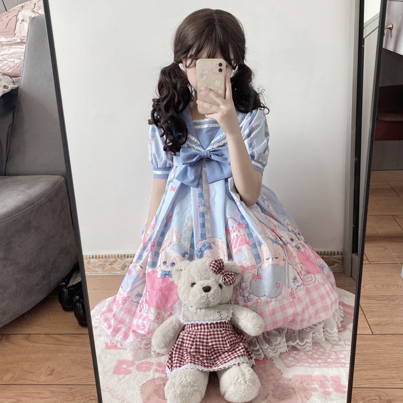 Váy OP lolita chúc ngủ ngon thỏ cổ hải quân ngắn tay  phong cách dễ thươnng