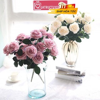 Cành hoa hồng lụa 10 bông trang trí màu sắc tươi tắn