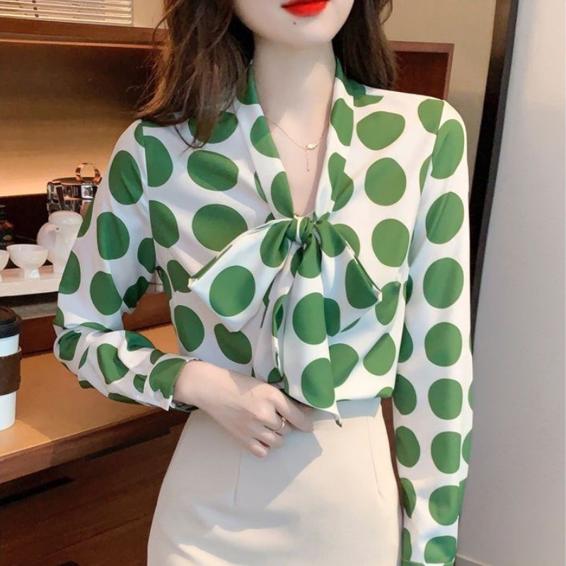 Áo Sơ Mi Nữ Tay Dài Dáng Rộng Họa Tiết Chấm Bi Phong Cách Hàn Quốc Thời Trang