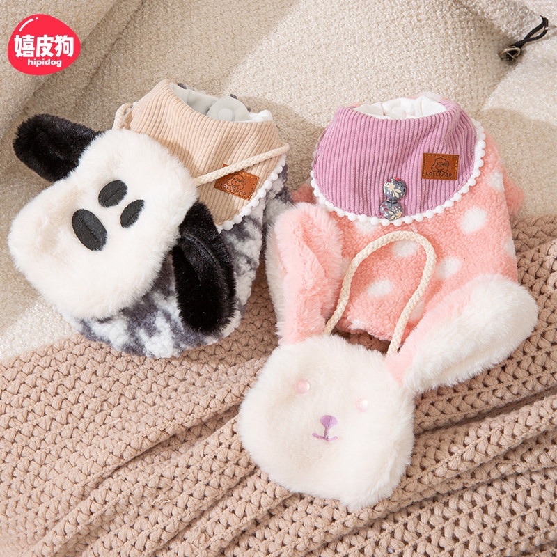Áo Nỉ Bông, Nhung Bông 2 Lớp Lót Bông Kèm Balo Bông Lông Cừu Đeo Chéo Thu Đông Cho Chó Mèo - Siêu Dầy Dặn, Ấm Áp