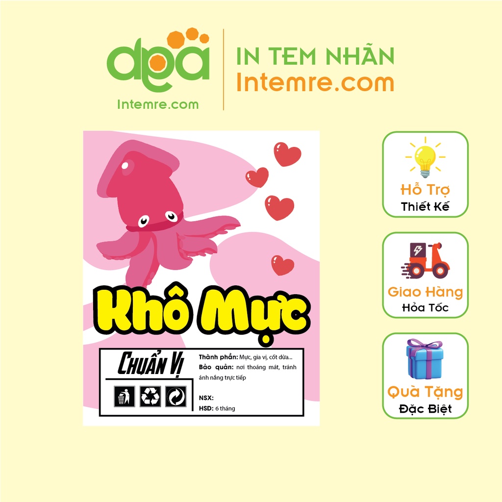 Sẵn 11 Tem Nhãn Giấy - Khô Bò, Gà, Heo, Mực - Dễ Thương, Decal Dán Intemre.com - Kt: 10x8cm