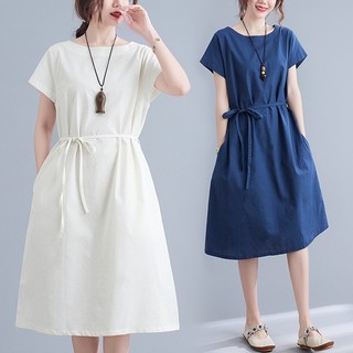Đầm suông linen nữ cổ tròn ngắn tay,form dáng trẻ trung kèm dây thắt eo Đũi Việt