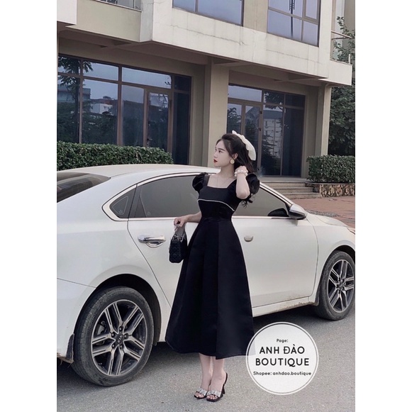 Váy nữ xoè cưới dự tiệc tay phồng ngực viền ngọc màu trắng đen chất lụa V336 fullsize AĐ BOUTIQUE
