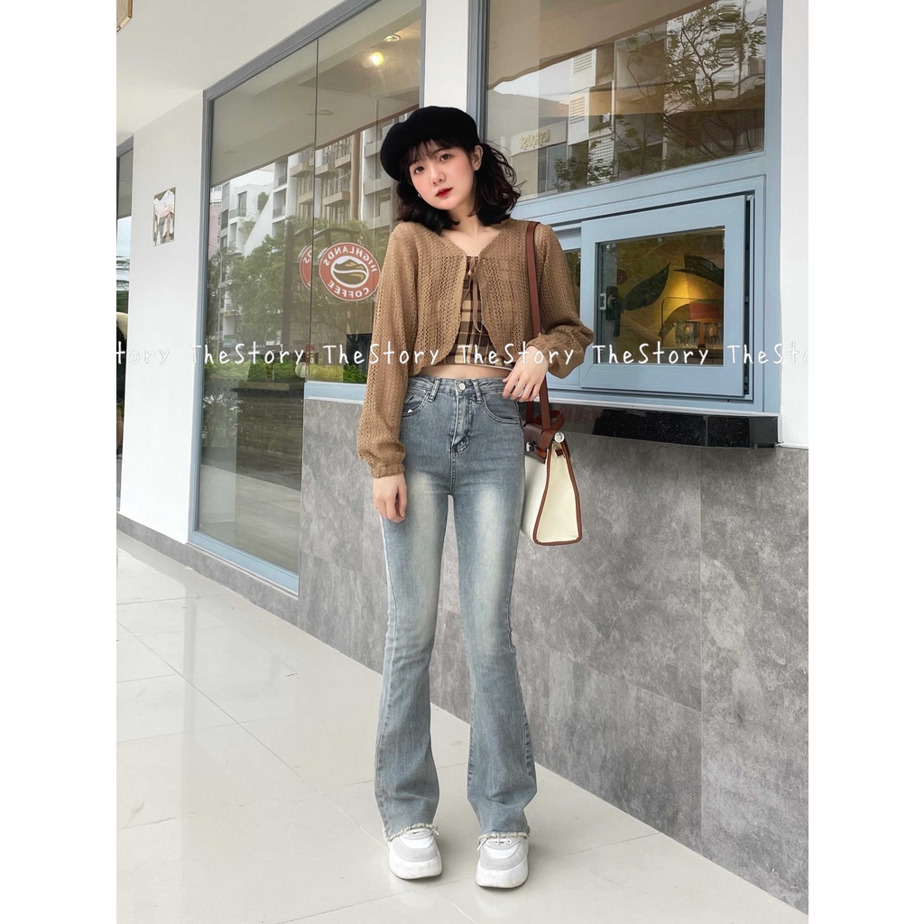 Quần jean dài ống loe tua rua gấu  Q854