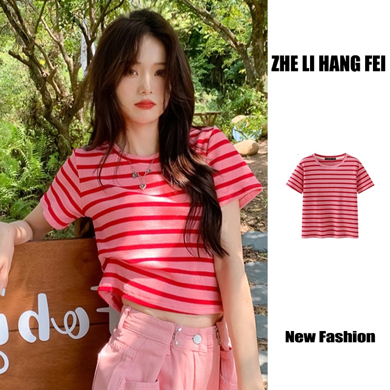 Áo dệt kim ZHELIHANGFEI ngắn tay cổ tròn họa tiết kẻ sọc trẻ trung