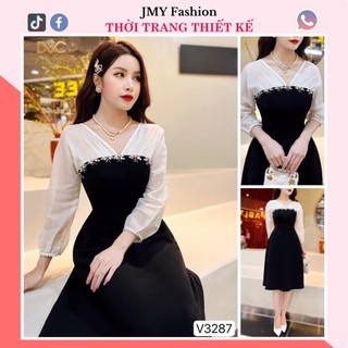 V3287 Váy đen xoè dự tiệc cổ V [DVC&ACC] váy đen xoè phối tay voan trắng tiểu thư
