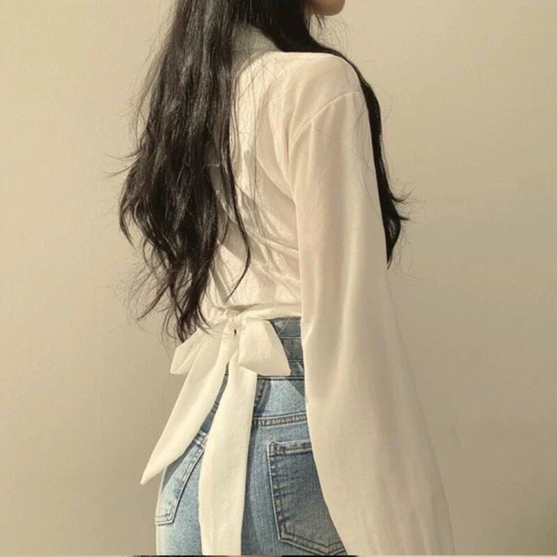 Áo Sơ Mi Croptop Trơn Xoắn Eo Tay Dài