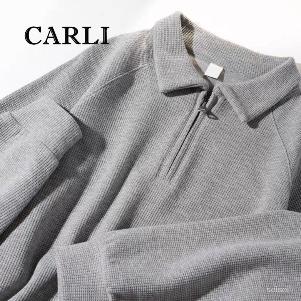 CARLI Áo Thun polo Tay Dài Dáng Rộng Một Nửa Có Khóa Kéo Đơn Giản Phong Cách Mới Mùa Thu Hợp Thời Trang Cho