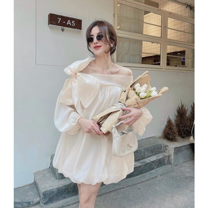 Váy Xoè Bồng trễ vai,Đầm cúp ngực thắt nơ, Tay dài