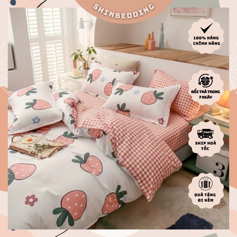 Set Chăn Ga Dâu Tây Ga Caro Hồng Cam Cotton Poly Siêu Đáng Yêu (Shinbedding.shop)