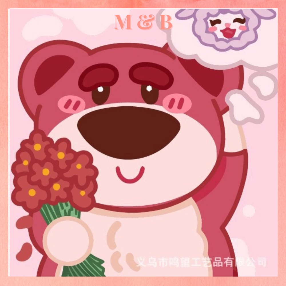 Tranh số hóa 20x20, Tranh Tô Màu gấu Lotso Strawberry bear gấu dâu hồng tặng kèm bộ màu và bút vẽ