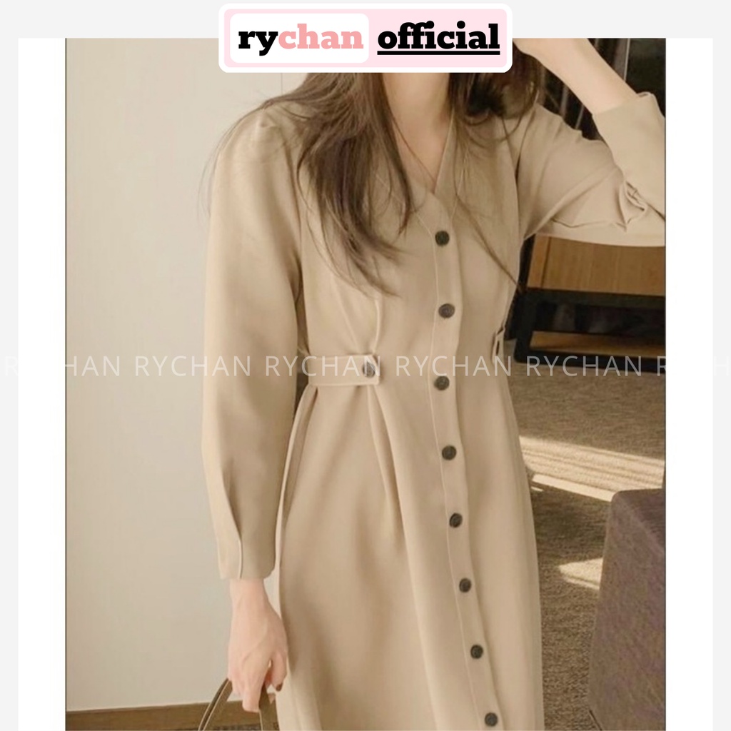 Đầm Nữ Hàn Quốc Công Sở Chiết Eo Cổ V Nút Đen Thanh Lịch, Váy Nữ Dạo Phố Tay Lửng Basic Thục Nữ Màu Kem - DX301