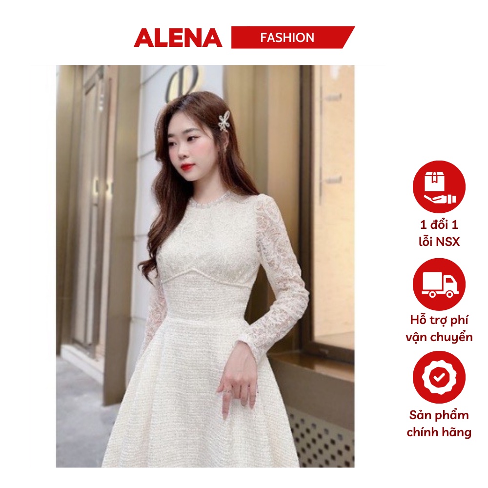 Đầm dự tiệc dài tay thu đông ALENA Fashion phối ren cổ ngọc trai thiết kế phong cách tiểu thư Hàn Quốc