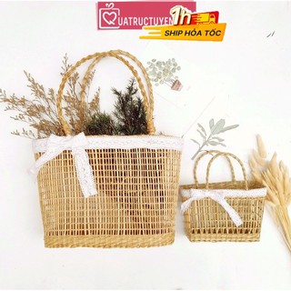 Túi đựng quà bằng cói thắt nơ Vintage, túi đi du lịch, picnic, đi biển  đan mây kèm nơ ren điệu đà