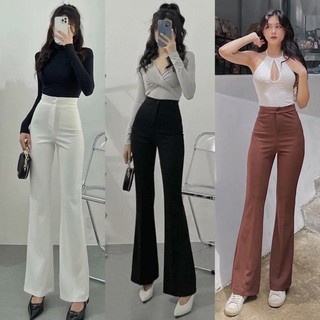 Quần suông ống loe cạp cao hai cúc tôn dáng đen/ nâu