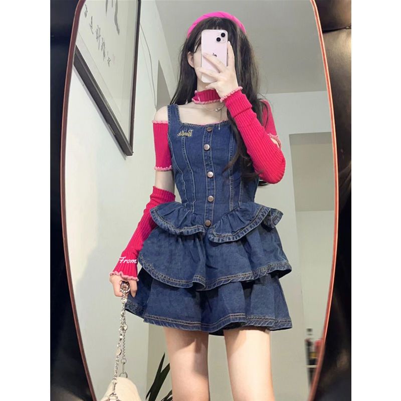 Váy yếm ulzzang Hàn Quốc màu xanh đậm tầng bèo xinh xắn phong cách Lolita dễ thương