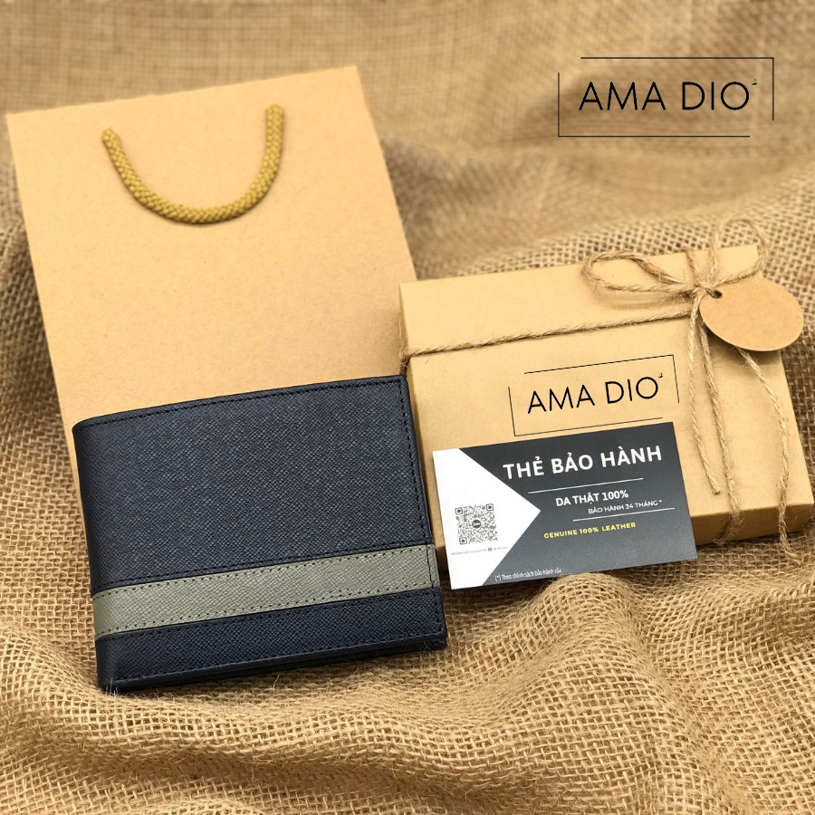 Ví nam da bò thật Taiga cao cấp AMADIO, bóp dáng ngang có hộp vintage kèm thiệp đẹp làm quà tặng AM101