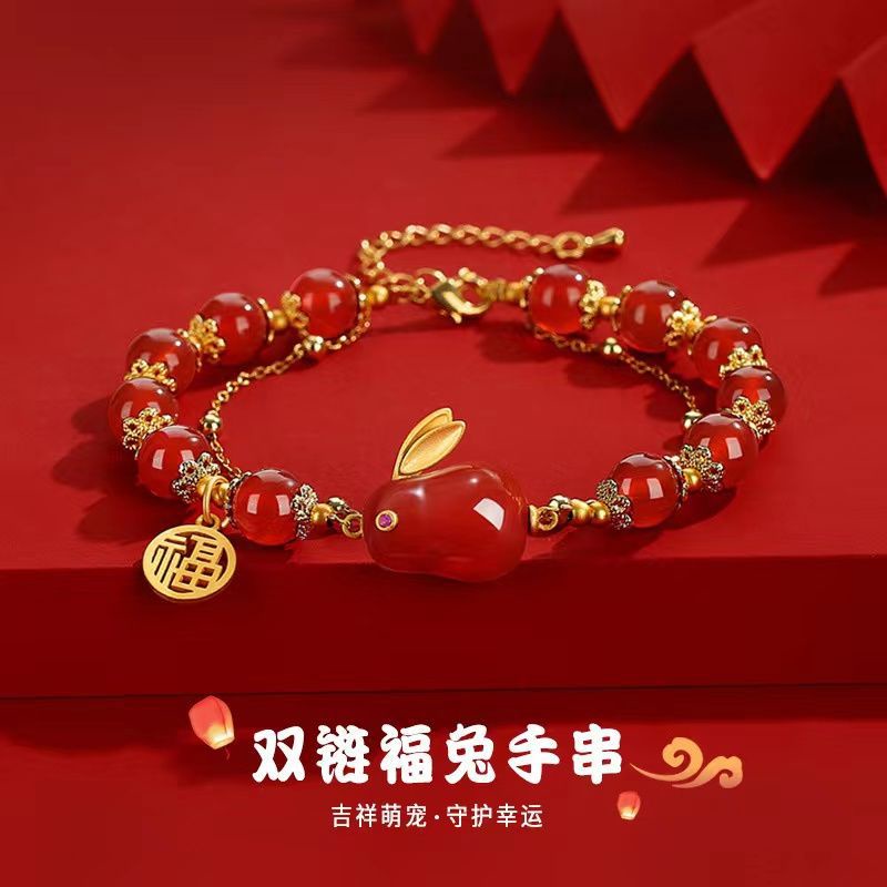 Vòng Tay Hai Lớp Đính Đá Mã Não Đỏ Phong Cách Mới Hình Thỏ Cho Bạn Gái