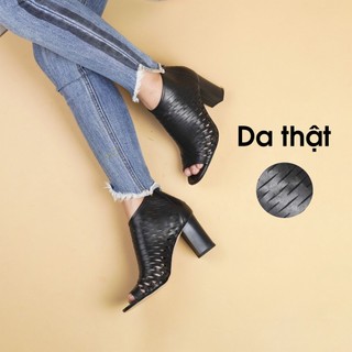 Boot nữ cổ thấp da thật, Bốt da nữ gót trụ cao 7cm giày vnxk - Kimystore