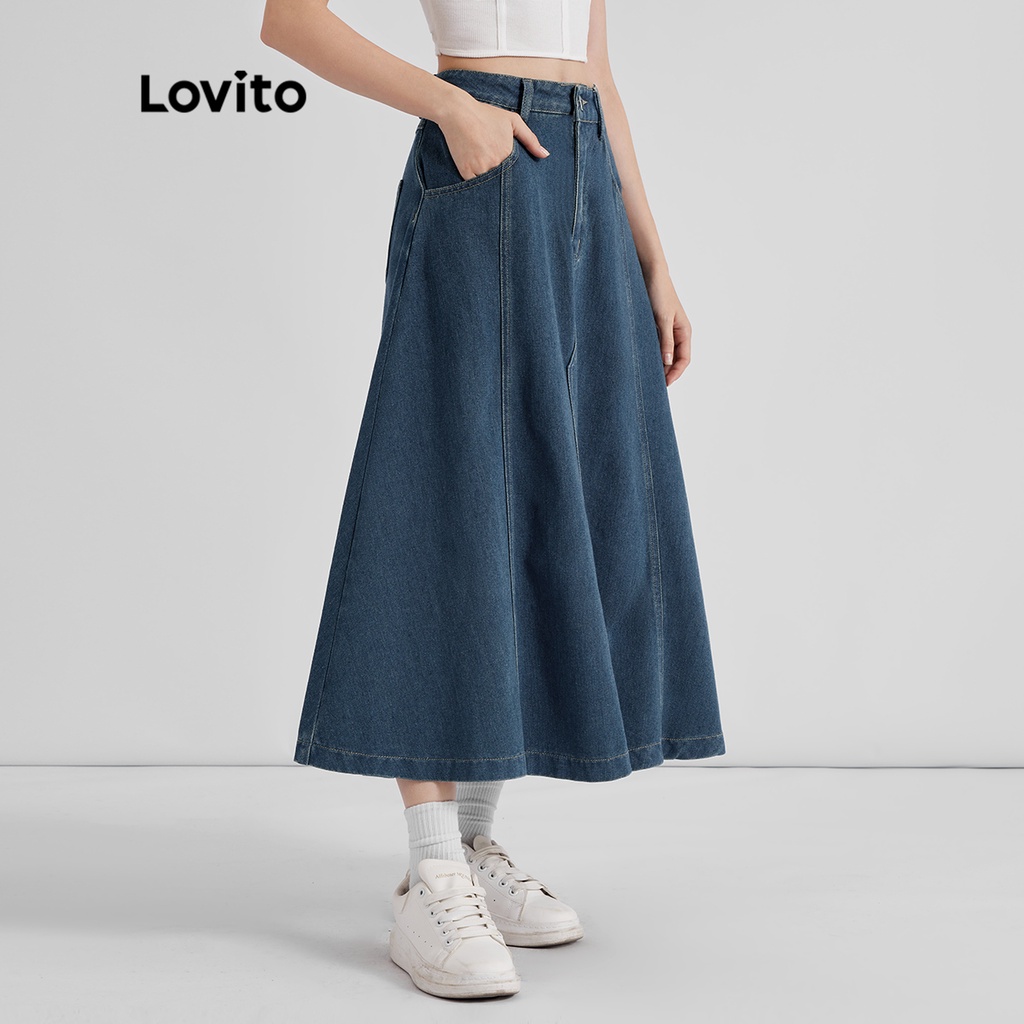 Lovito Váy Denim nữ thường bỏ túi cơ bản L37AD066 (Xanh lam) | BigBuy360 - bigbuy360.vn