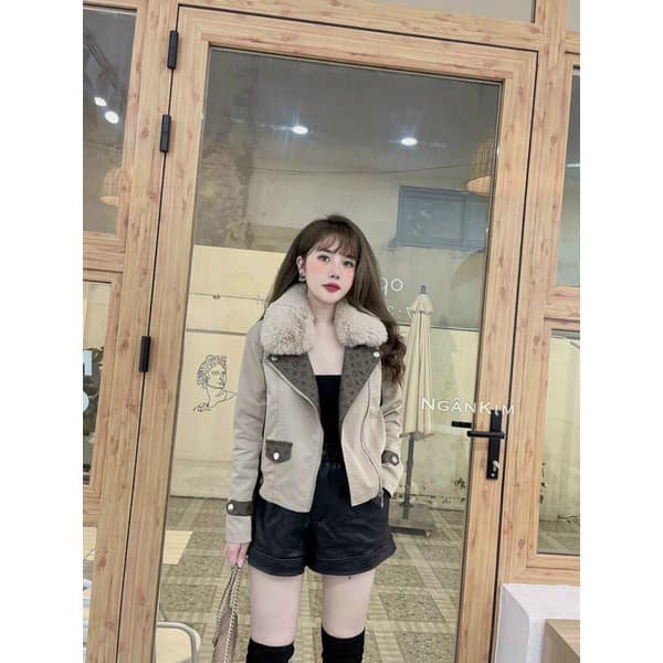 Áo khoác da nữ cổ lông họa tiết LV cao cấp SHOPSIEURE88